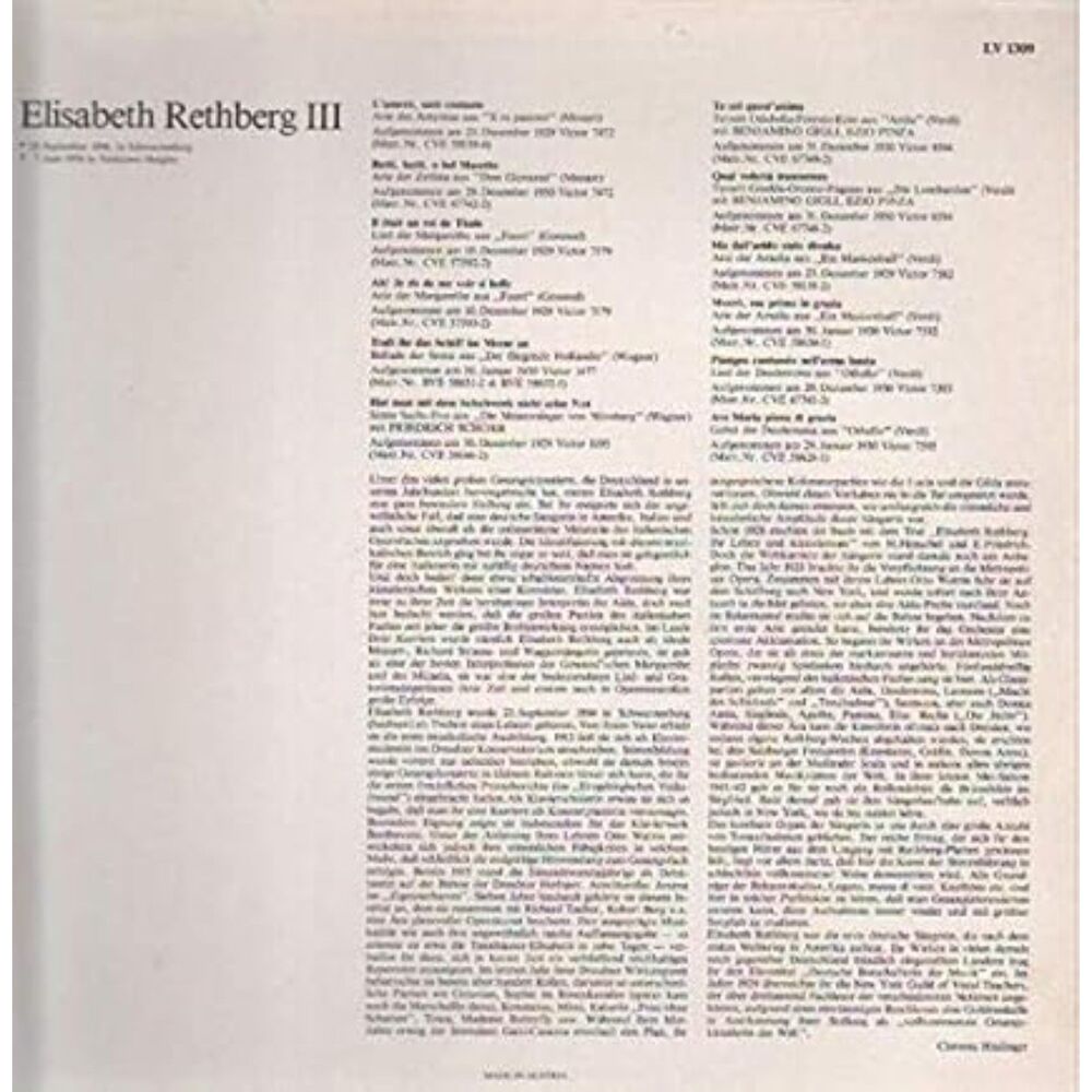 Elisabeth Rethberg III Opera LP Vinyl Record - Picture 2 of 2